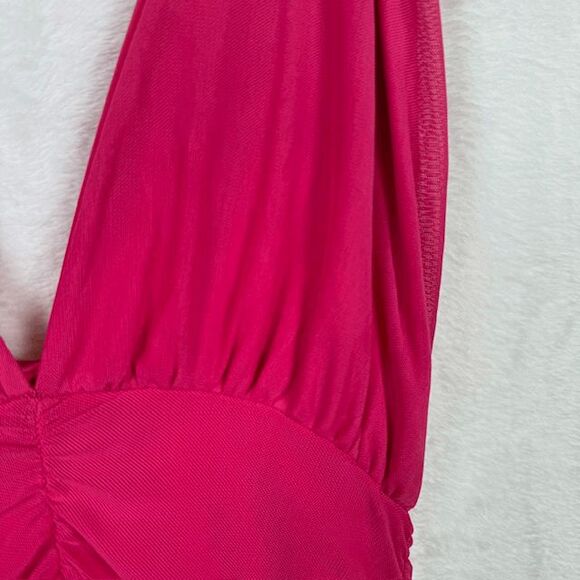 Pretty Little Thing Pink Mesh Extreme Plunge Ruched Bodycon Dress Halter Size 4 - Picture 5 of 12
